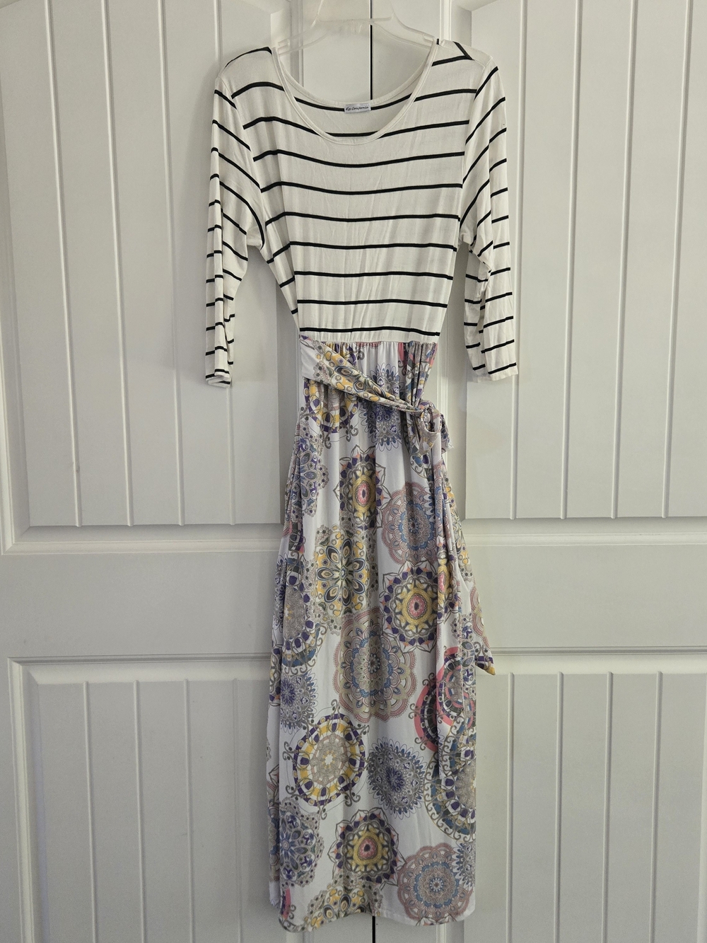 Stripe & Medallion Mixed Media Sash Maxi Dress Size L